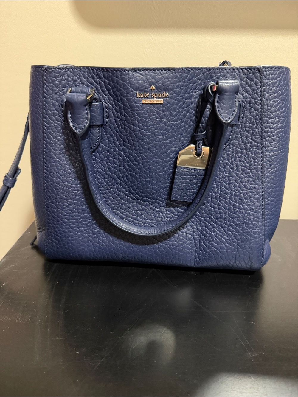 kate spade Navy Pebbled Leather Satchel with Gold Hardware